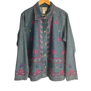 Vintage‎ Coldwater Creek Size Large 100% Cotton Boho Embroidered Denim Jacket